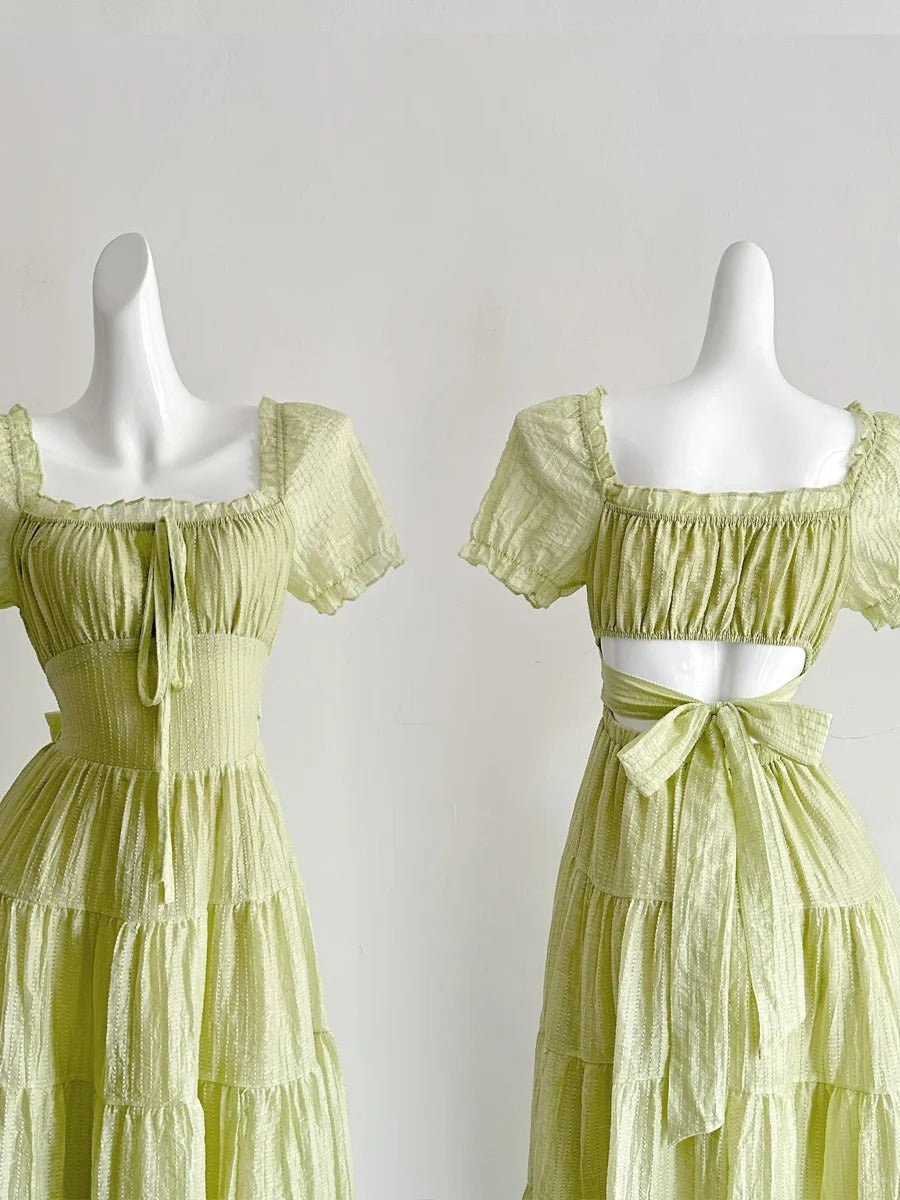 Fresh Light Green A-line Short-sleeved Back Hollow Long Prom Dress Bridesmaid Dress P4003