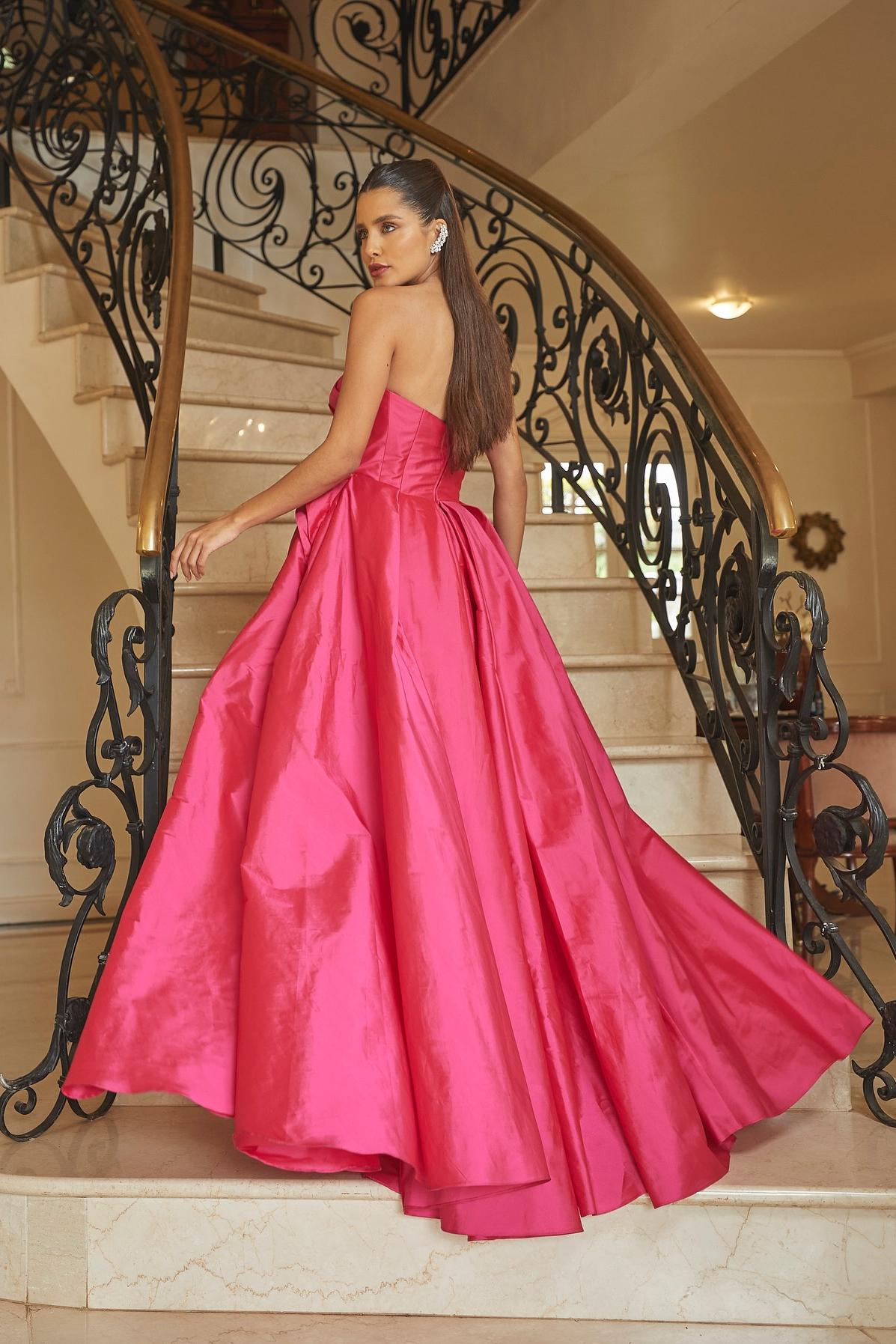 Beautiful Fuchsia Satin Sleeveless Strapless Long Split Prom Dress with Pleated | Zelldresses