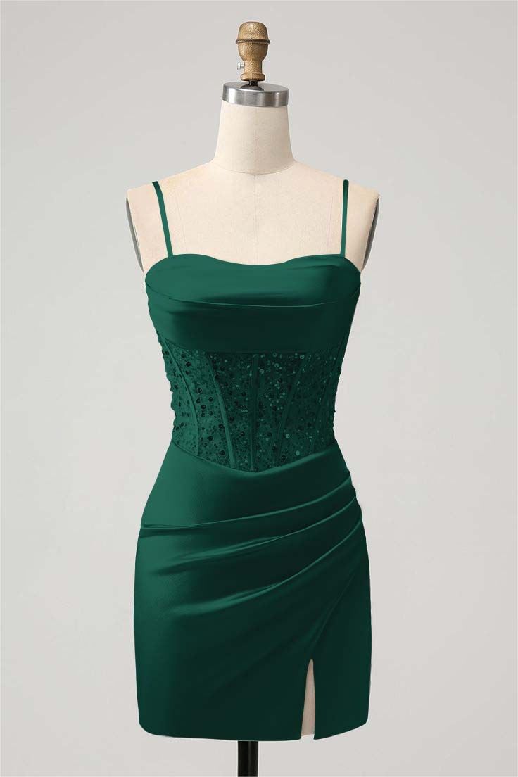 Sage Green Satin Spaghetti Strap Pleated Split Homecoming Dress with Beadings HC0030