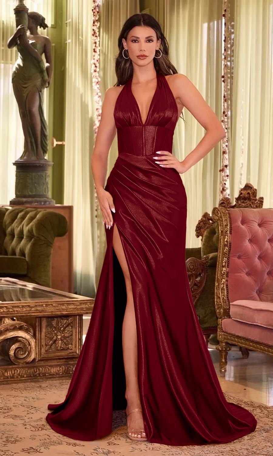 Halter Neck Sleeveless Long Mermaid Split Prom Dress With Pleated LY0640