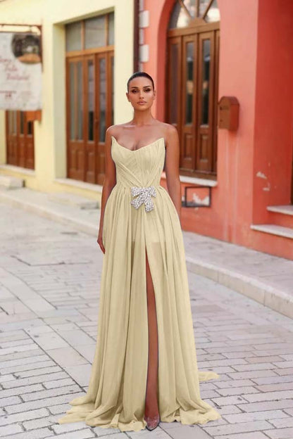 Strapless Sleeveless Long Split Prom Dress With Pleated Beading WQ0269