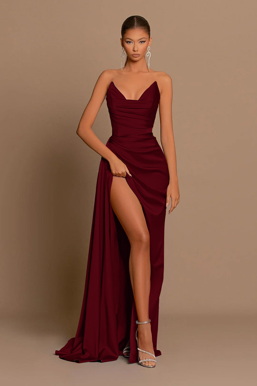 Elegant Dusty Blue Prom Dress Long V Neck Dress With Slit Pleated YL0021