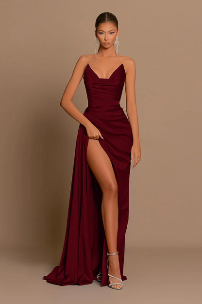 Elegant Dusty Blue Prom Dress Long V Neck Dress With Slit Pleated YL0021