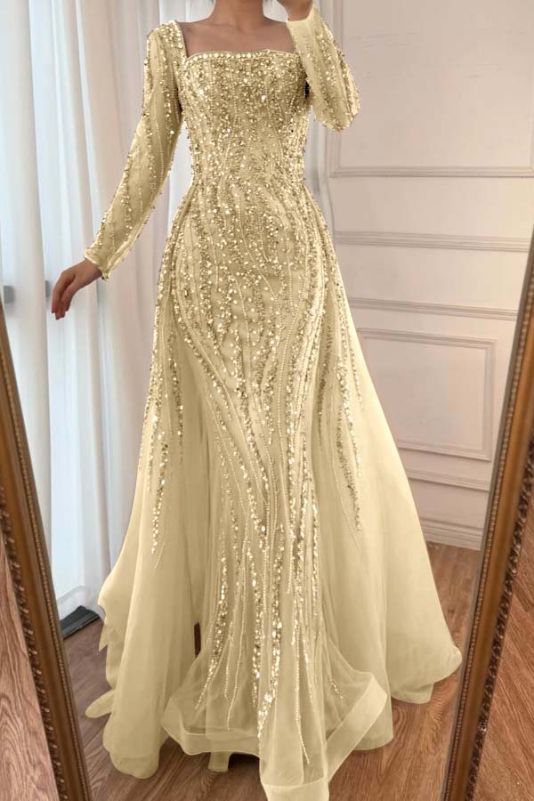 Square Neck Long Sleeves Long Mermaid Prom Dress With Beading Tulle WQ0442