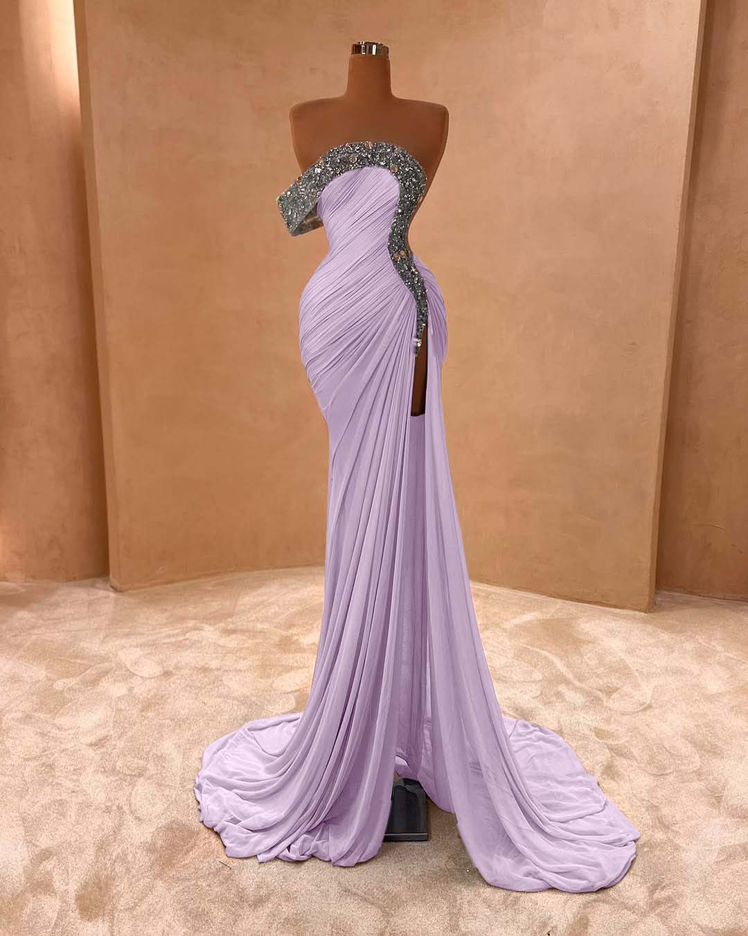 One Shoulder Sleeveless Long Split Prom Dress With Pleated Sequins ZC0079