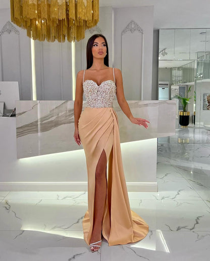 Baby Blue Prom Dress With High Slit Spaghetti Strap Sweetheart Appliques YL0309