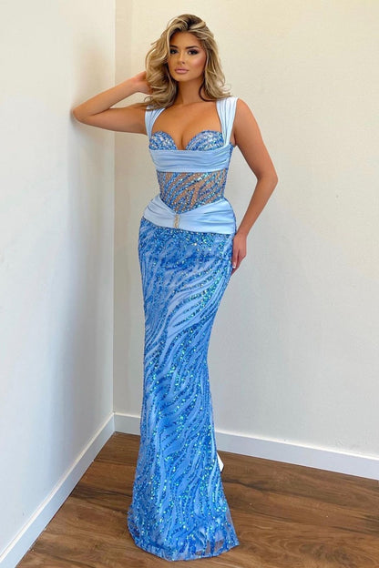 Blue Prom Dress Wide Shoulder Strap With Sequins Sleeveless Long Mermaid YL0143