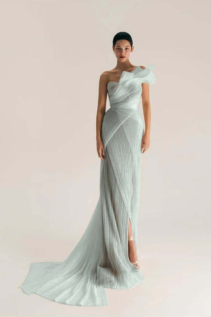 Chic One Shoulder Sleeveless Long Split Prom Dress With Pleated XJ0906