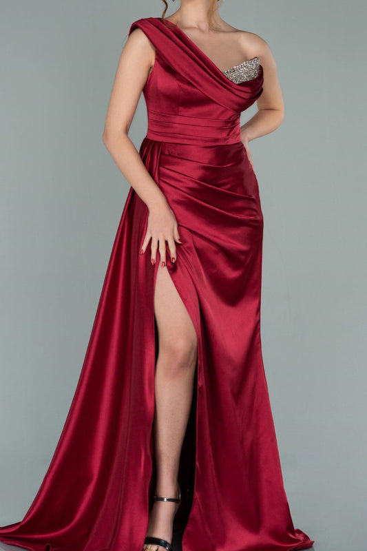 Burgundy Elegant One Shoulder V-Neck Slit Prom Dress with Sequins Mermaid ED0298