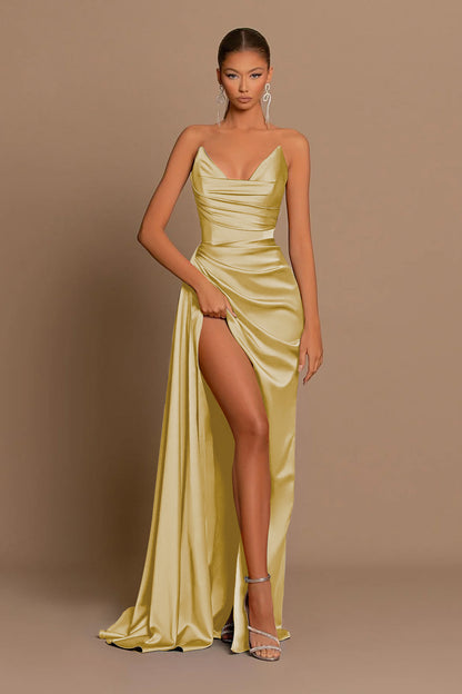 Elegant Dusty Blue Prom Dress Long V Neck Dress With Slit Pleated YL0021