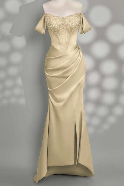 Charming Taupe Satin Off the Shoulder Strapless Long Split Prom Dress with Beadings | Zelldresses