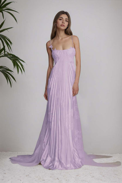 Stunning Spaghetti-Straps Pleated Sheath Appliques Prom Dress With Detachable Train XJ0176