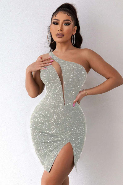 Hellodresses Black One Shoulder Sleeveless Short Homecoming Dress Sequins With Split