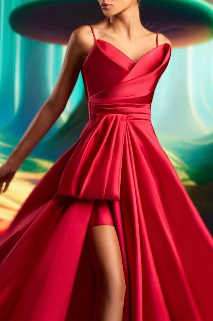 Exquiste Red Satin Sleeveless Spaghetti Strap Long Split Prom Dress with Pleated | Zelldresses