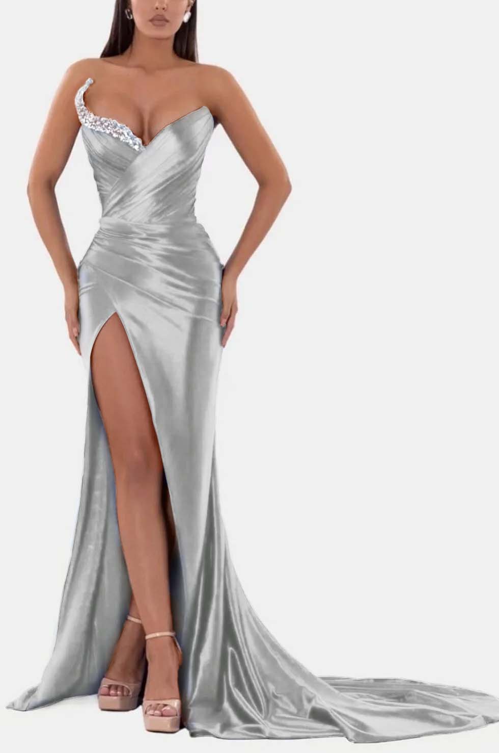 Royal Blue Prom Dress V Neck With High Slit Pleated Strapless Sleeveless YL0328