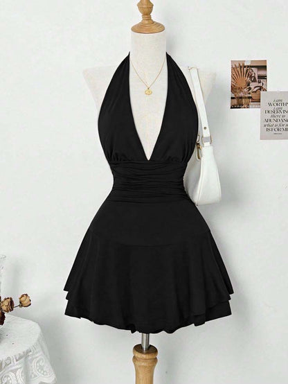 Halter Deep V Neck Sleeveless Short Homecoming Dress With Pleated HC0167