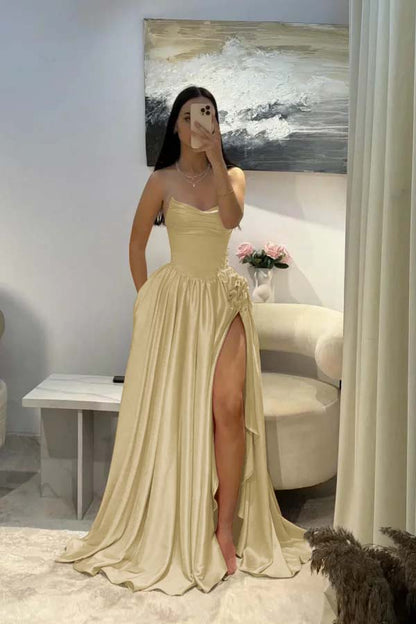 Elegant Pink Satin Strapless Beaded Sleeveless Pleated Split Prom Dress | Zelldresses