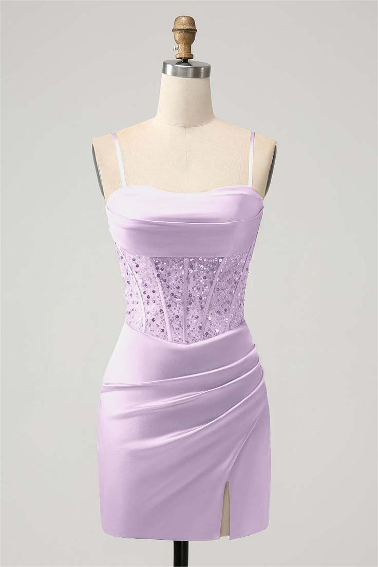 Sage Green Satin Spaghetti Strap Pleated Split Homecoming Dress with Beadings HC0030