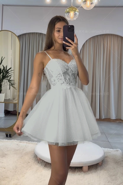 Dark Navy Spaghetti Strap Sleeveless Short A-Line Homecoming Dress With Appliques