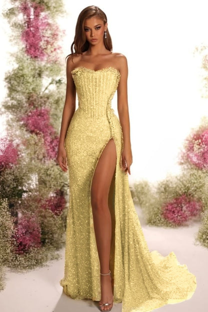 Strapless Sleeveless Long Split Prom Dress With Pleated Sequins ZT0541
