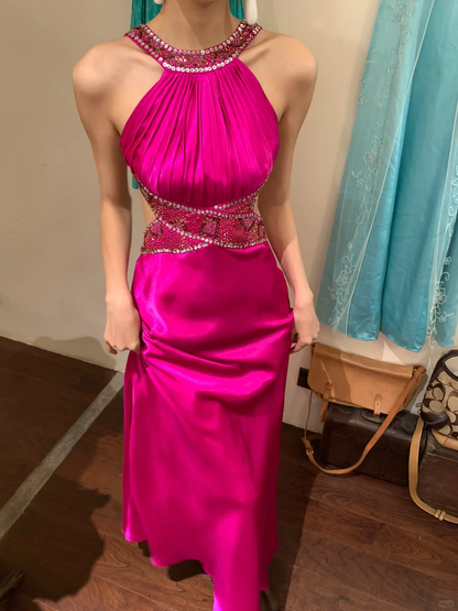 Vintage Mermaid Halter Beaded Sequin Pink Satin Long Open Back Party Dress Cocktail Dress SH2947