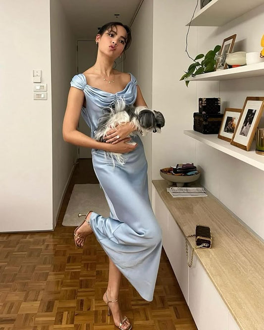 Gentle Sheath Straps Blue Satin Long Evening Dress Party Dresses SH2904