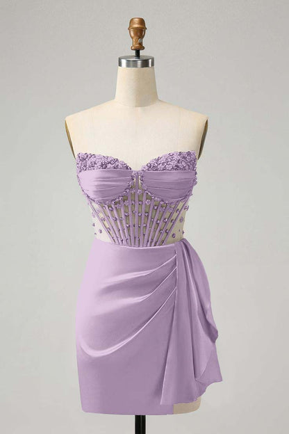 Strapless Sleeveless Pleated Short Homecoming Dress With Beading HC0131