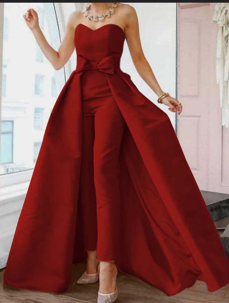 Pink Jumpsuits Evening Dresses Formal Occasion Dresses Beautiful Back Sexy Engagement Sweetheart Sleeveless Detachable Bow | Zelldresses