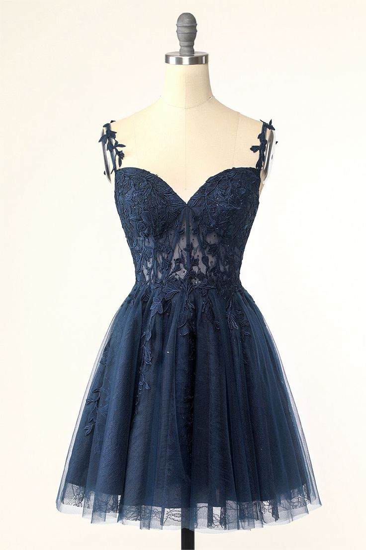 Dark Navy Tulle Sweetheart Spaghetti Strap Sleeveless Homecoming Dress With Embroidery HC0020