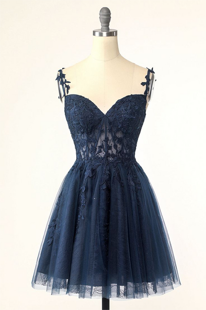 Dark Navy Tulle Sweetheart Spaghetti Strap Sleeveless Homecoming Dress With Embroidery HC0020