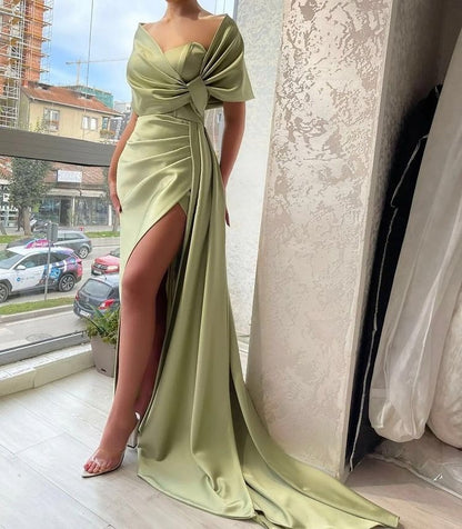 Gorgeous Dusty Sage Portrait V-Neck Pleated Slit Prom Dress with Ruffle ED0486