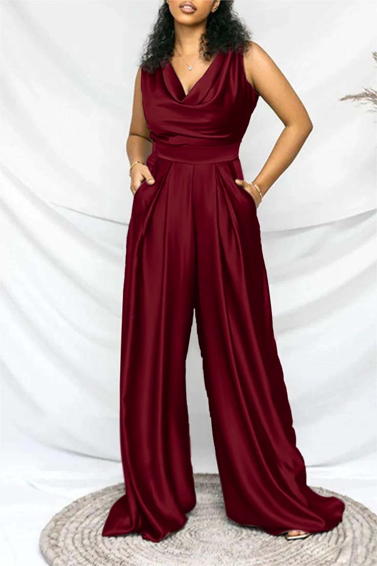Hellodresses Exquisite Purple Satin V Neck Sleeveless Wid-Leg Long Jumpsuit with Pleated