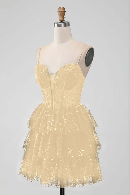 Black Sequins Spaghetti Strap Sleeveless Short Homecoming Dress With Ruffles HC0017