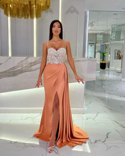 Baby Blue Prom Dress With High Slit Spaghetti Strap Sweetheart Appliques YL0309