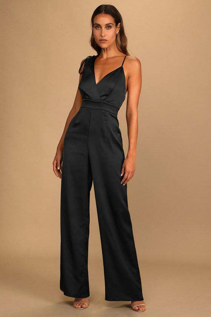 Hellodresses Chic Satin Dark Green Spaghetti Strap Sleeveless V-Neck Wide Leg Jumpsuit