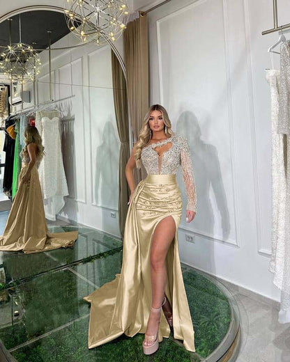 Hellodresses Chic One Shoulder Long Sleeve Pleated Split Prom Dress With Beadings