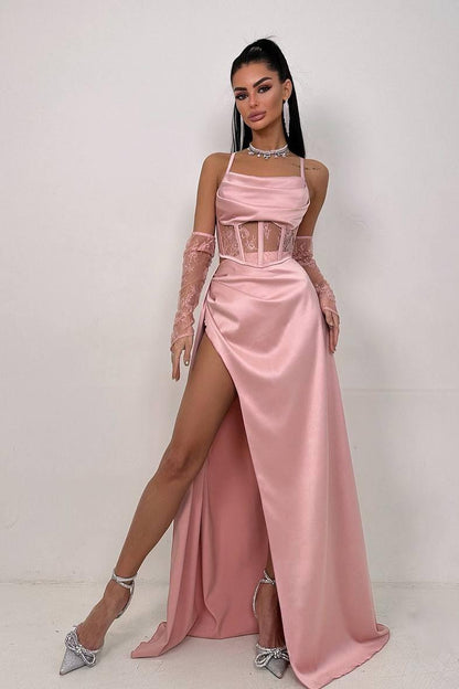 Chic Black Satin Halter Strapless Sleeveless Lace Split Prom Dress with Gloves | Zelldresses