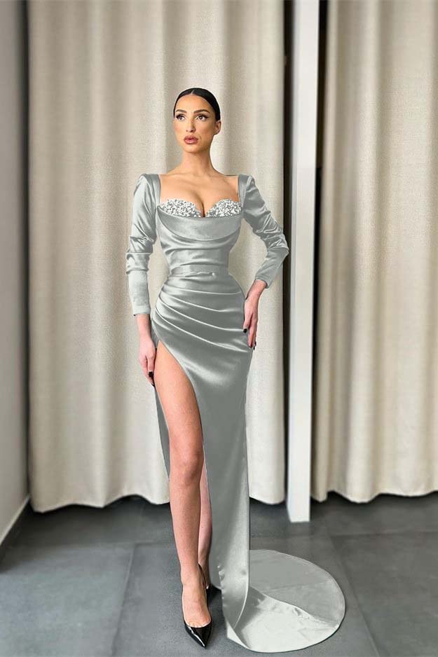 Long Sleeves Dark Green Evening Dress Split With Sequins PD0456