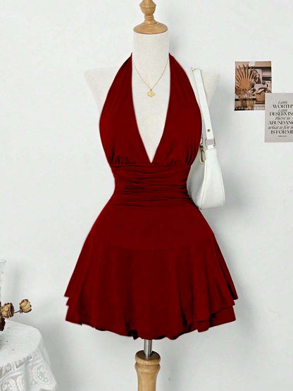 Halter Deep V Neck Sleeveless Short Homecoming Dress With Pleated HC0167