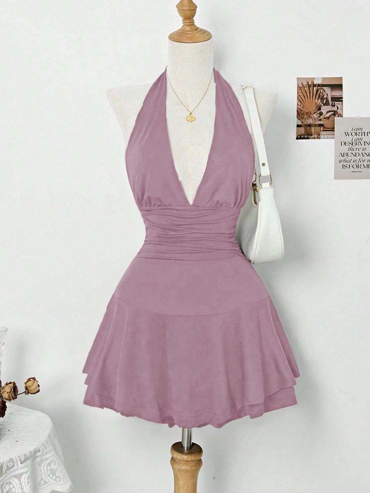 Halter Deep V Neck Sleeveless Short Homecoming Dress With Pleated HC0167