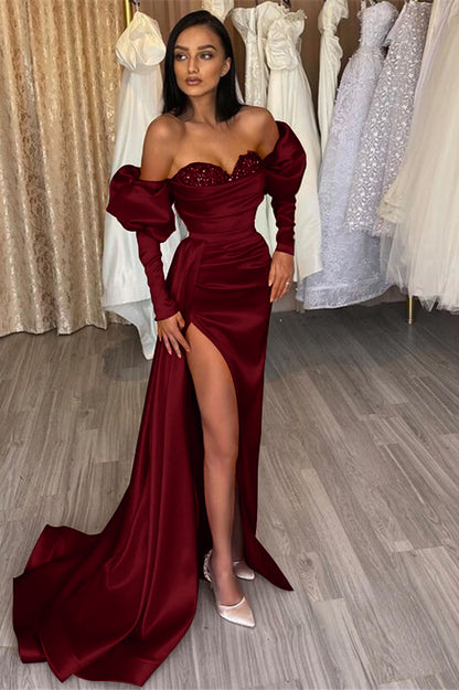 Charming Red Mermaid Off The Shoulder Slit Prom Dress With Sweetheart Long Sleeves | Zelldresses