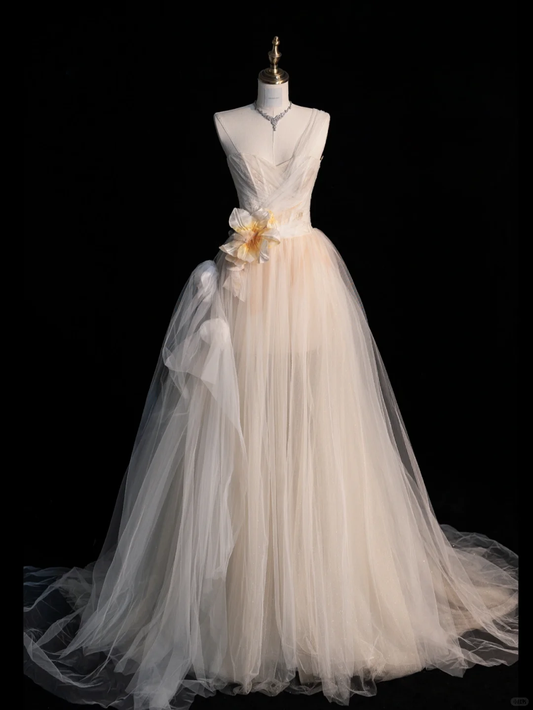 Gentle A Line One Shoulder Flower Tulle Long Party Dress Evening Dress SH2813
