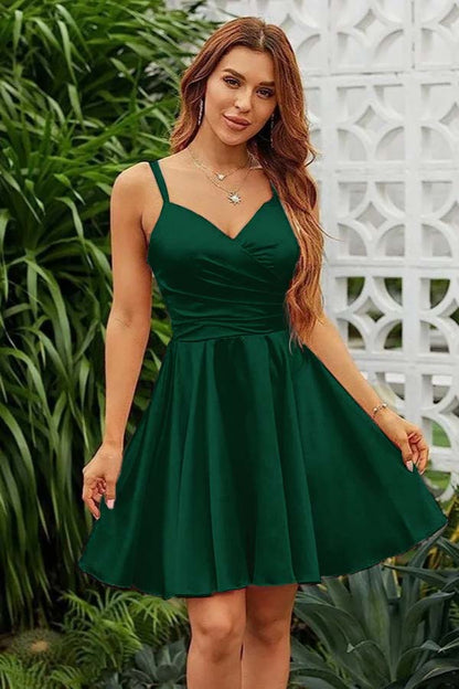 Pink Satin V Neck Spaghetti Strap Sleeveless Pleated Short Homecoming Dress YZTS072