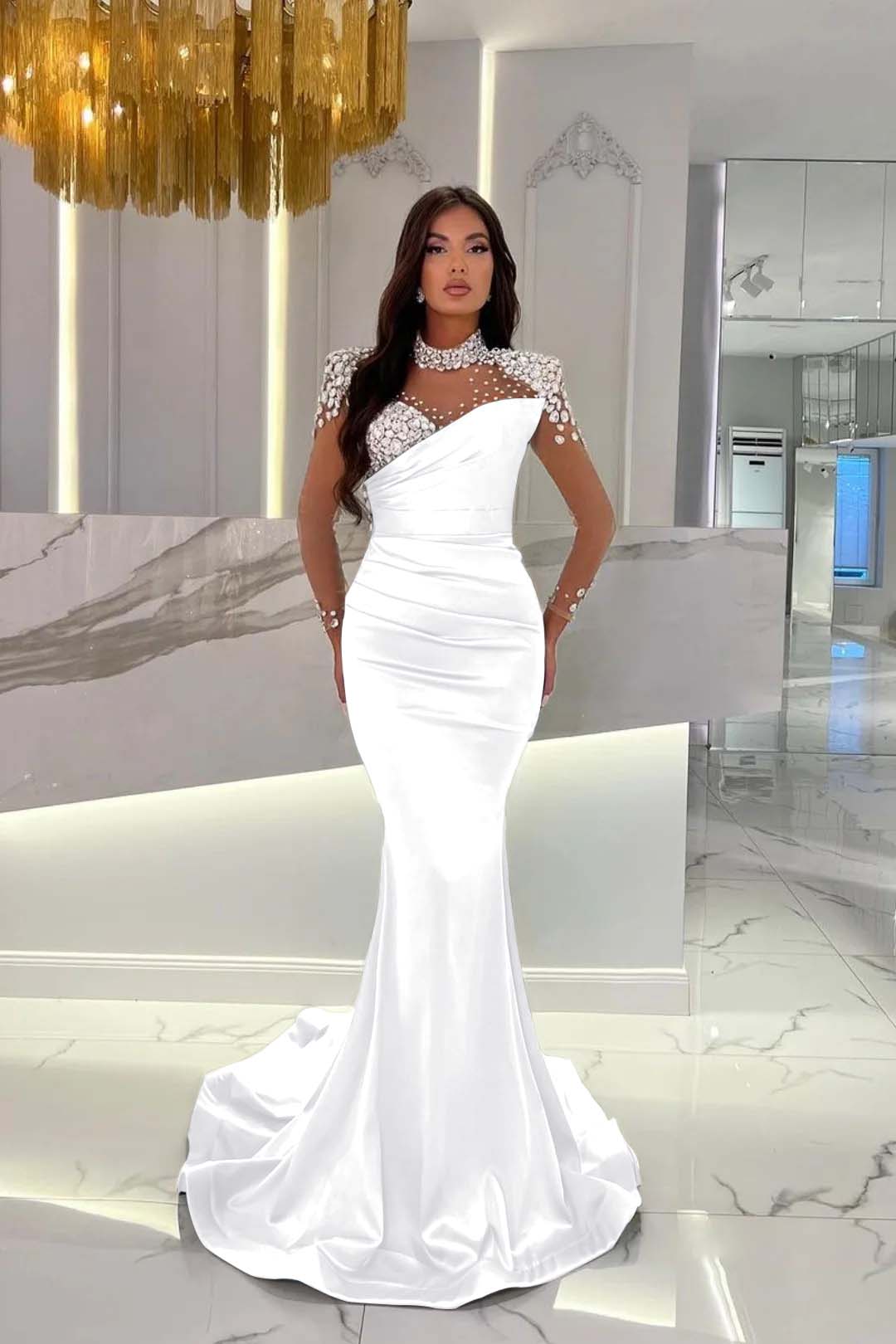 Charmeuse Dusty Blue Prom Dress Long Mermaid Tulle With Beadings YL0259