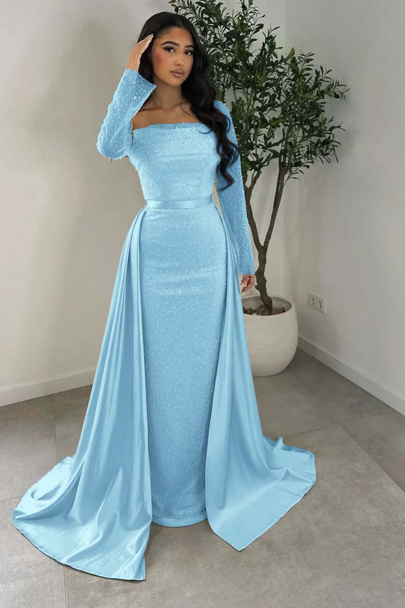 Long Sleeves Square Neck Long Mermaid Prom Dress With Beading HS0005