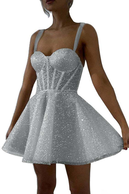 Hellodresses White Sequins Spaghetti Strap Sleeveless A Line Short Homecoming Dress
