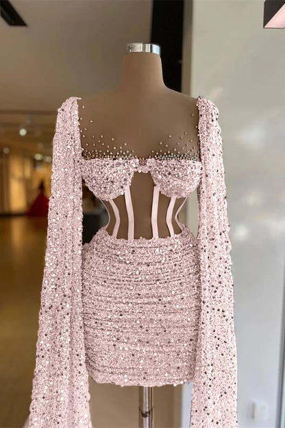 Hellodresses Sequins Square Long Sleeves Pleated Short Homecoming Dress With Beadings