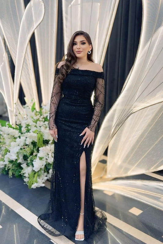 Long Sleeves Off the Shoulder Long Split Prom Dress With Pleated XJ0819