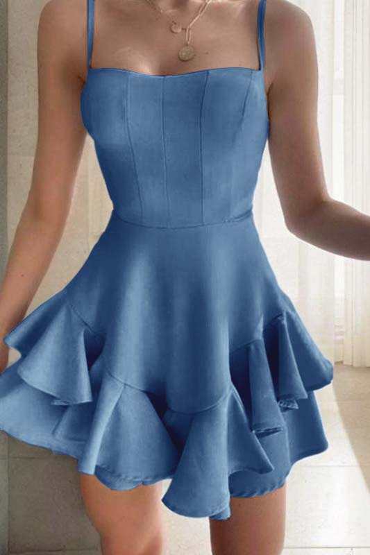 Slim Sky Blue Satin Spaghetti Strap Sleeveless Short Homecoming Dress With Ruffles HC0044
