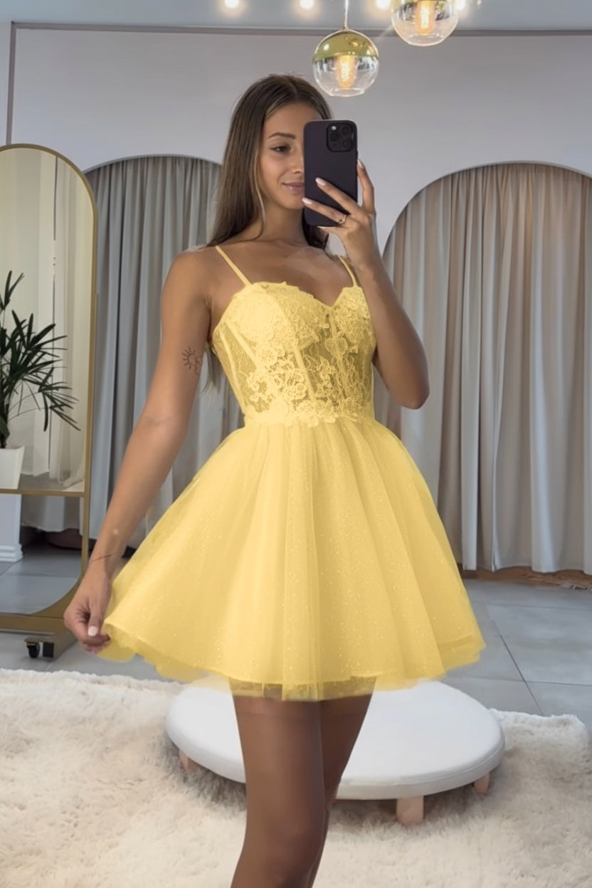 Dark Navy Spaghetti Strap Sleeveless Short A-Line Homecoming Dress With Appliques